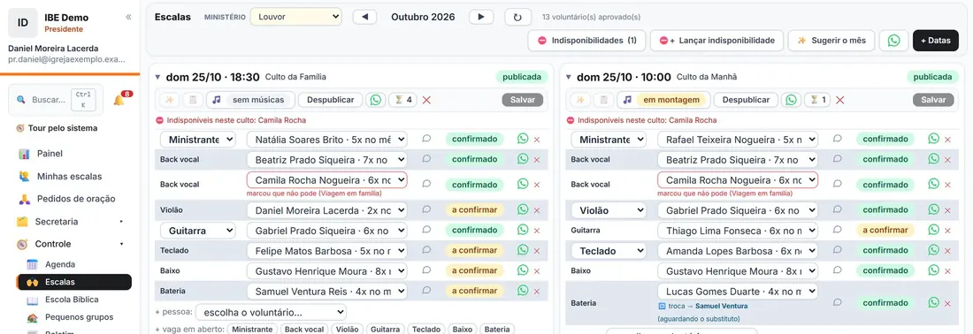 Tela para montar a escala de voluntários do mês
