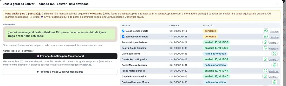 Comunicado com envio automático pelo WhatsApp da igreja