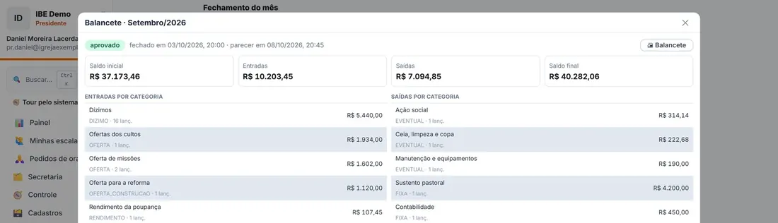 Fechamento do mês com saldo de abertura, entradas, saídas e saldo final